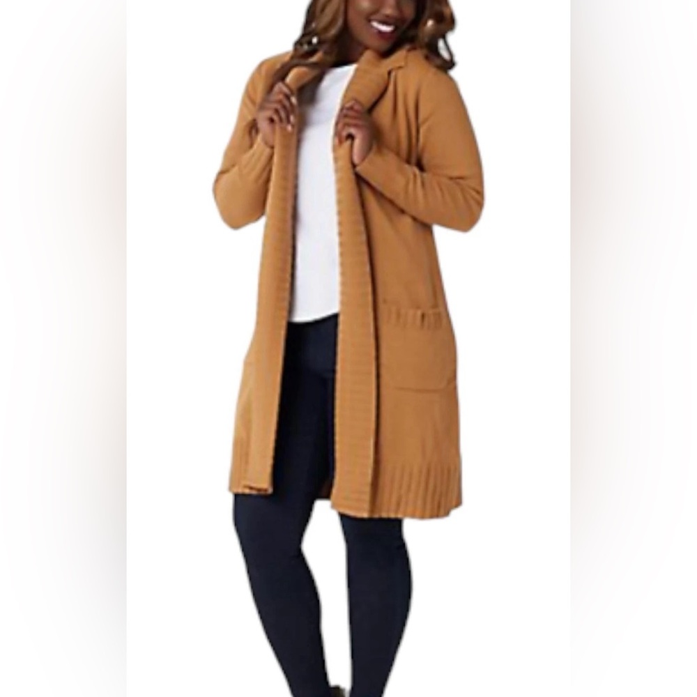 XXS Isaac Mizrahi Live! Open Front‎ Notch Collar Long Cardigan Toffee